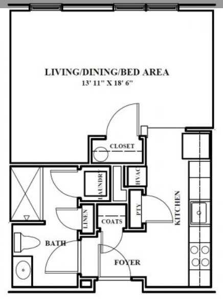 Floor plan for studio, 1 bath, 492 sqft